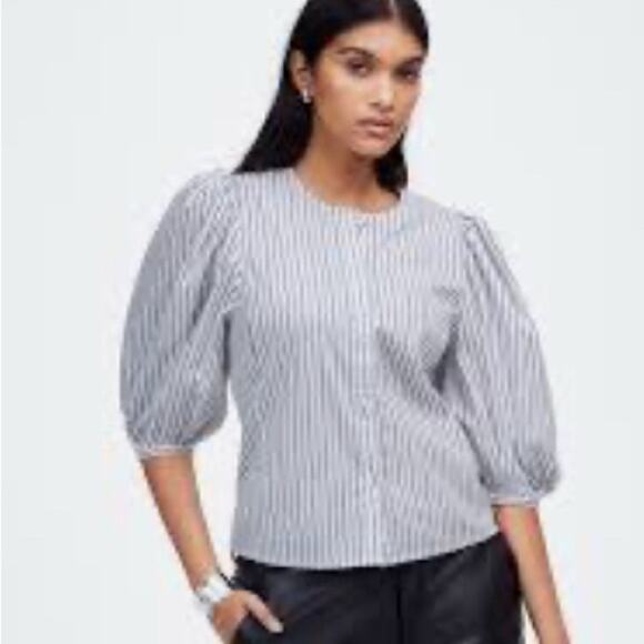 Madewell Wm’s Puff-Sleeve Button-Up Top in Blu/Wht Stripe size 10 # 632 - Picture 5 of 8